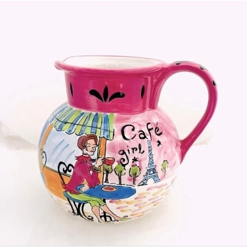 Certified International Cafe Girl Ceramic Pitcher Jennifer Brinley 8.5" NWOT